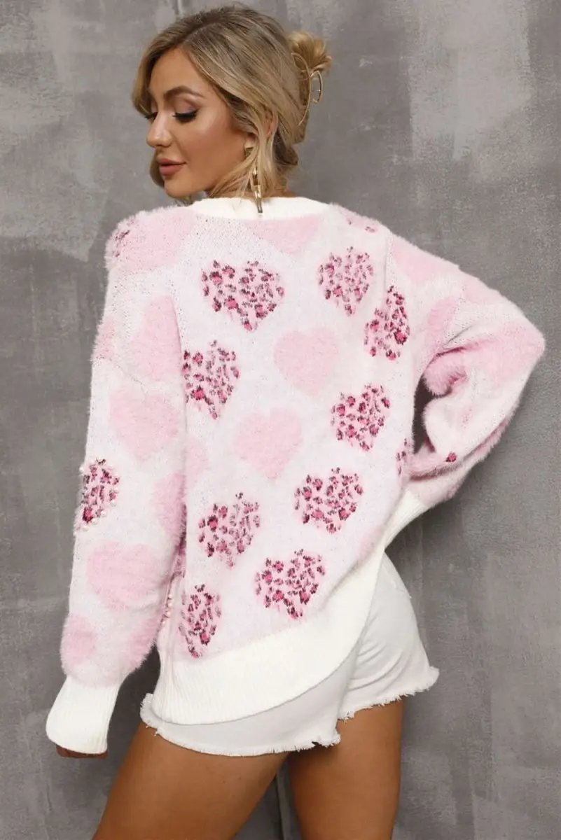 Fuzzy Pink Leopard Heart Sweater with Pearled Accents - Love Salve